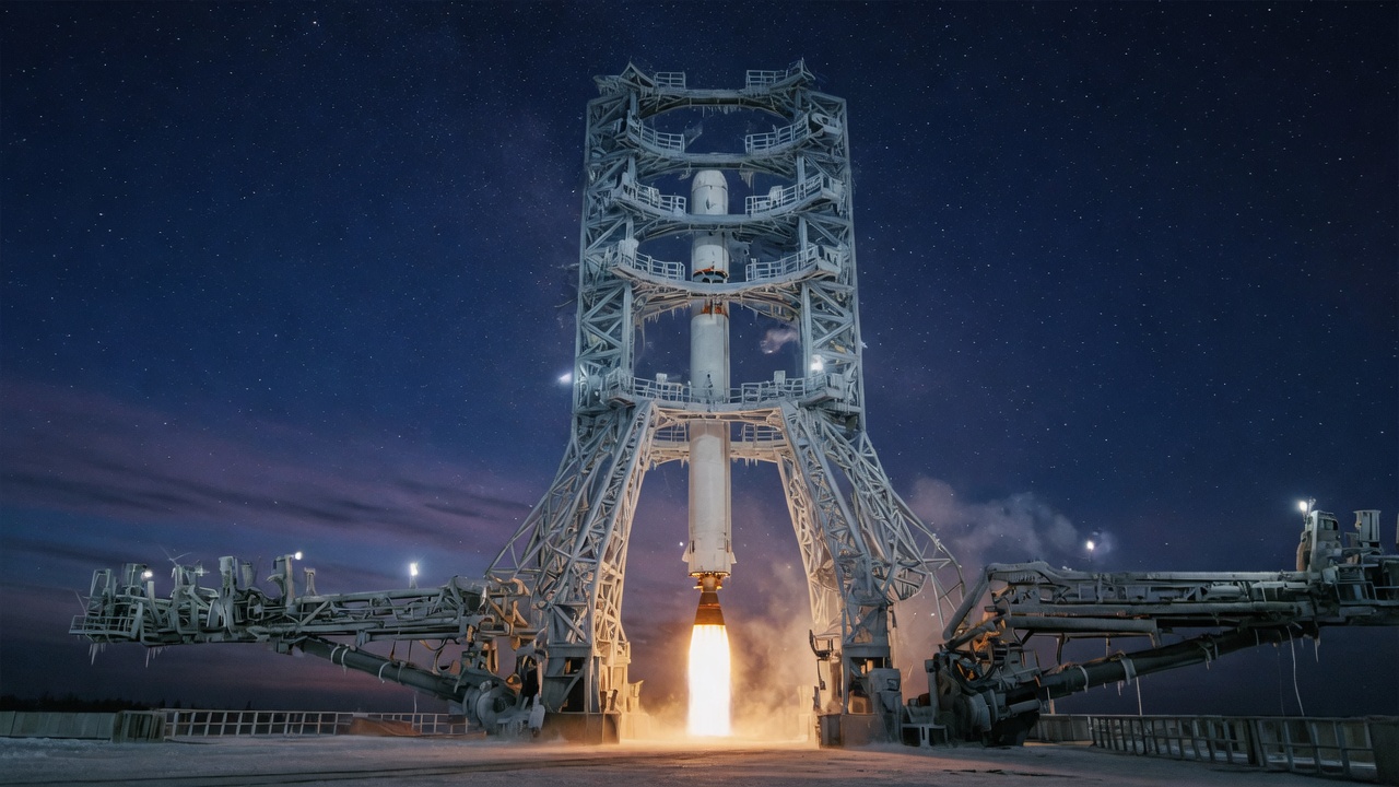 Night launch gantry scaffolding over a frost-lit pad